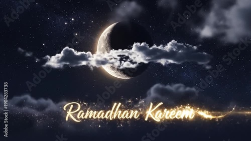 Ramadhan Kareem greeting. Crescent moon and clouds in night sky. Stars and celestial background. Islamic holiday. Mosque celebration. Ramadhan Mubarak. Vector illustration. Dark blue