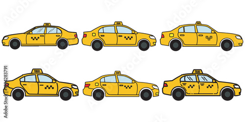 Group of yellow taxi car illustrations in cartoon style eps 10