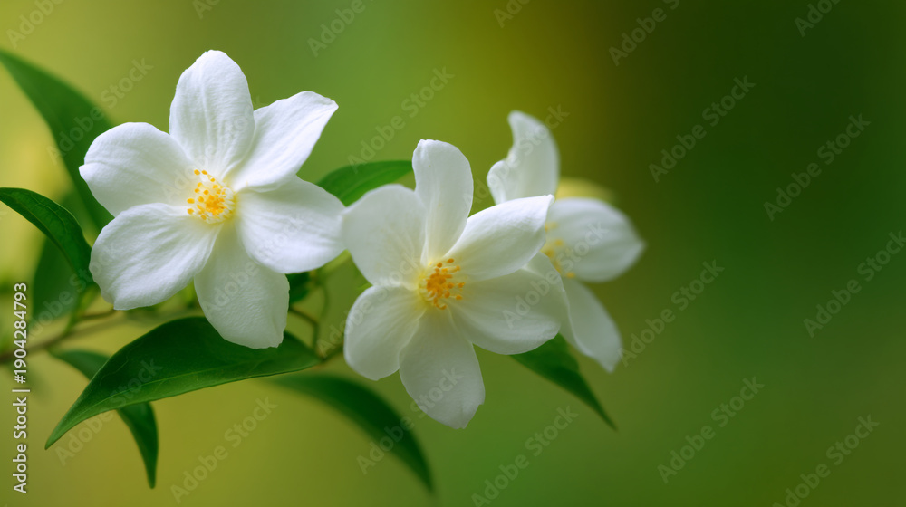 Obraz premium Two white flowers with yellow centers and green leaves on a blurred green background