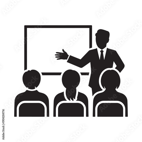 A silhouette of a presenter speaking to an audience in a classroom setting