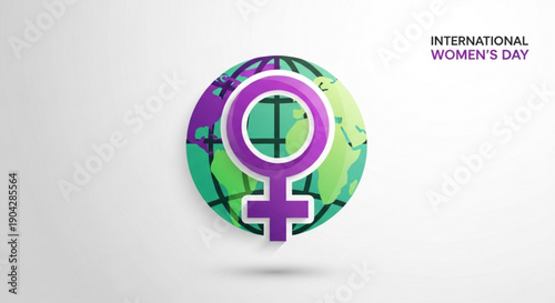 International Womens Day graphic with female symbol over a stylized globe celebrating gender equality and global womens rights