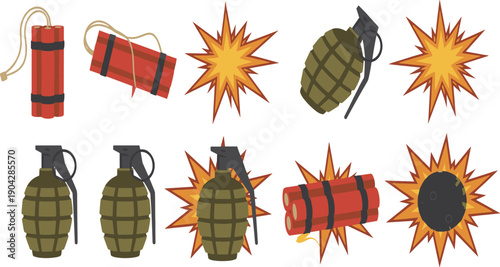 Cartoon explosive weapons set, hand grenades, dynamite bundles, bomb blasts, military icons, flat vector illustration, isolated white background, design, collection
