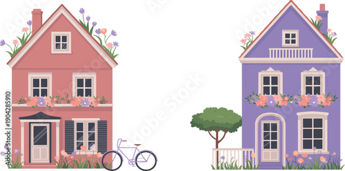 Charming dutch houses with flowers, bicycle and pastel facades, cozy european architecture illustration set isolated on white background spring style