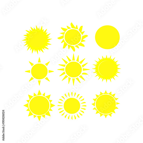 Set of nine yellow sun symbols featuring diverse ray patterns isolated on a white background.