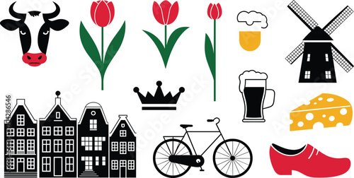 Dutch culture icon set, cow tulip crown bicycle windmill cheese beer houses clogs symbols, flat vector illustration isolated white background