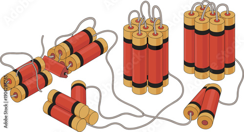 Dynamite explosive sticks bundle with fuses, mining demolition blasting concept, realistic 3d render isolated on white background studio high detail