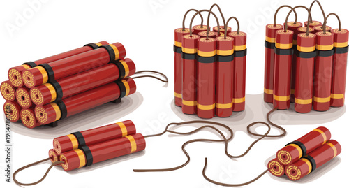 Dynamite explosive sticks bundle with fuses, mining demolition blasting concept, realistic 3d render isolated on white background studio high detail