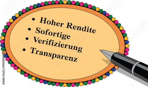German business concept illustration with handwritten checklist showing high returns, instant verification and transparency, financial trust idea isolated on gray background