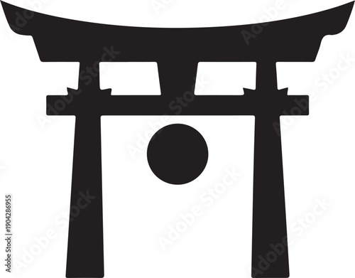 A traditional japanese torii gate with two red circular ornaments in the center