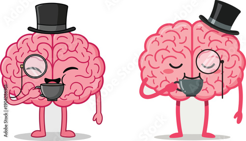 Fancy brain characters wearing top hats and monocles drinking tea in refined cartoon style