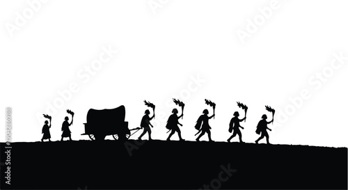 Silhouetted figures march with a covered wagon, raising torches against a white background, symbolizing a journey or exodus.
