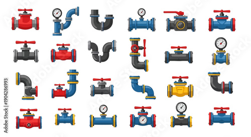 Flat lay of various colorful pipe valves and fittings on a white background.