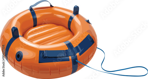 orange inflatable snow tube, winter sled ring, blue handles tow rope, isolated white background, outdoor recreation equipment, cold season fun gear
