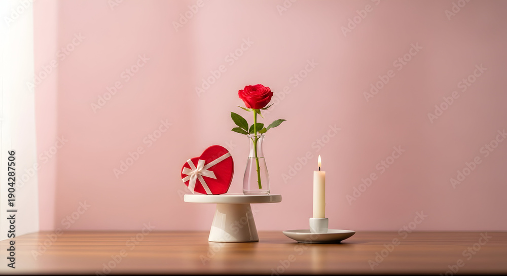 Fototapeta premium A single red rose in a vase with a candle on a wooden table against a pink wall