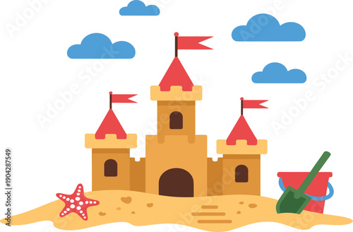 Sandcastle, Beach, Summer, Vacation, Cartoon, Illustration, Kids, Castle, Sand, Bucket, Shovel, Starfish, Sky, Clouds, Holiday, Travel, Fun, Seaside, Sunny, Design