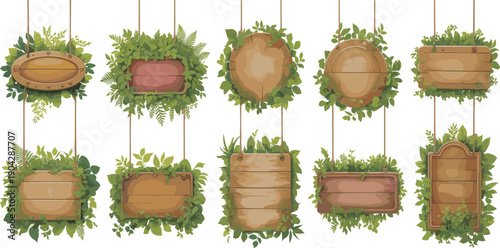 Set of wooden signboards with green leaves and vines, rustic nature blank boards illustration isolated on white background vector design collection