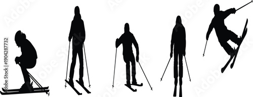 skiing silhouettes set, winter sports collection, skier action poses, black vector icons, isolated white background, outdoor recreation illustration pack