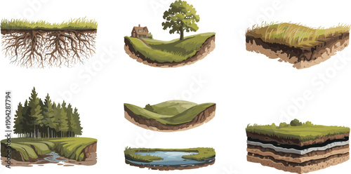 Soil layers and landscape cross section set, grass roots terrain geology illustration, earth strata ecosystem elements isolated white background vector