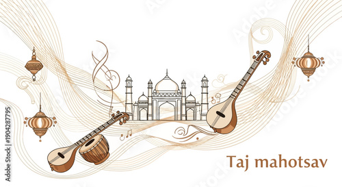 Vector illustration of traditional Indian musical instruments and the Taj Mahal with swirling designs, representing rich Indian arts and culture for Taj Mahotsav festival.