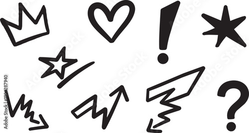 Hand drawn black marker doodle set with crown, heart, star, exclamation point, question mark, and arrows, creative vector symbols for social media