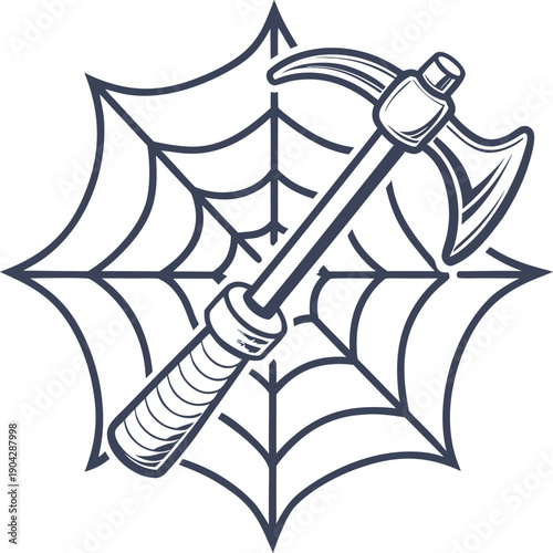 Vector illustration of an axe stuck in a spider web icon