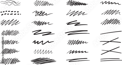 Set of hand drawn black marker scribbles and messy pen strokes, variety of artistic underlines, cross-outs, and wavy brush lines for creative design