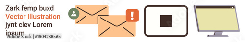 Email services, workflow management, notifications, digital documents, screen display, messaging alerts. Two envelopes, a QR code block and a computer monitor. Email services and notifications