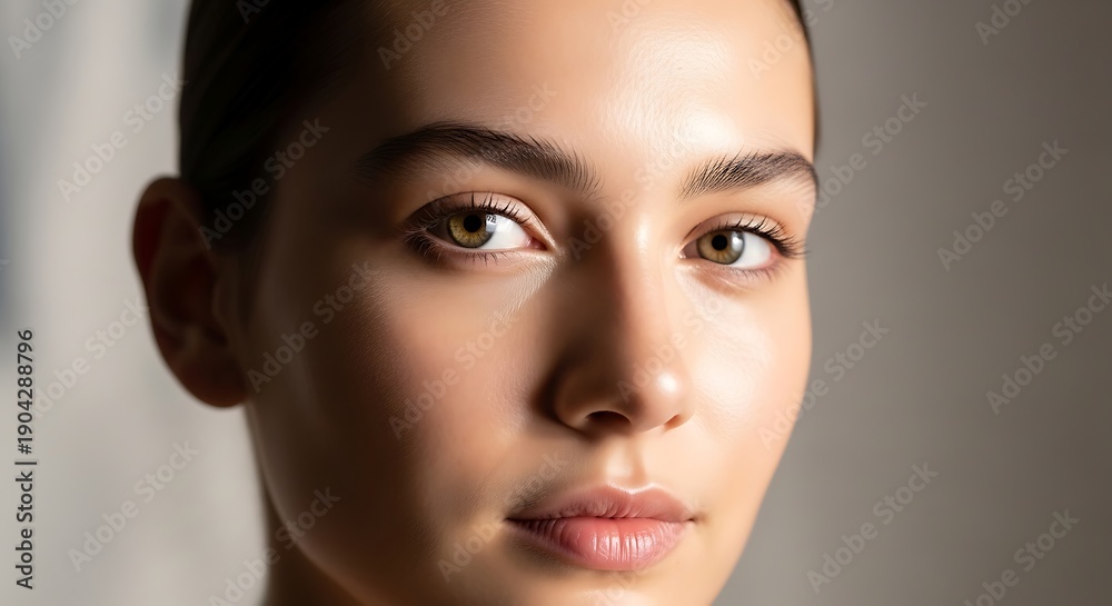 Naklejka premium Close-up Portrait of a Beautiful Young Woman with Healthy, Radiant Skin and Natural Beauty