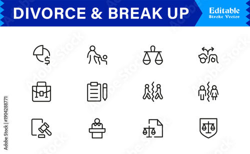Divorce And Break Up Professional Line Icon Set, Modern Minimal Editable Vector Collection Of Heartbreak, Separation, Legal Papers, Dispute, Sadness, Emotions