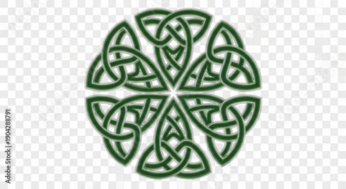 Green Celtic knot symbol intricate circular design with interwoven patterns traditional art element for cultural or spiritual concepts isolated on transparent background