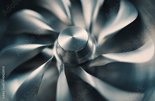 Stainless steel blender blades spinning with reflective metallic finish and sharp edges