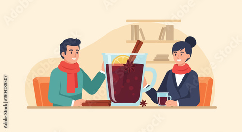 A man and woman in warm scarves share a large spiced drink