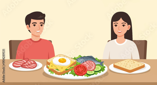 A man and woman sit at a table with various foods, including a sandwich, fish, and bacon