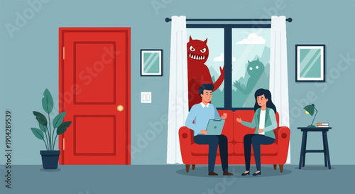 A man and woman sit on a couch as monsters loom outside the window