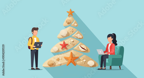 A man and woman with laptops near a beach-themed Christmas tree