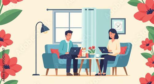 A man and woman work on laptops on couches, a dog sits nearby