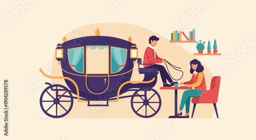 A man drives a carriage while a woman sits at a table