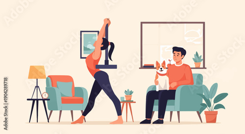 A man relaxes with his dog while a woman does yoga in a cozy living room
