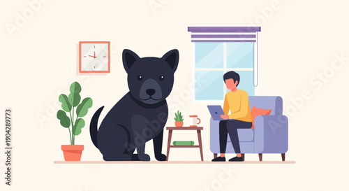 A man sits on a sofa using a laptop, a dog sits nearby