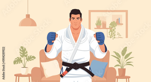 A martial artist in a gi and gloves poses in a living room setting