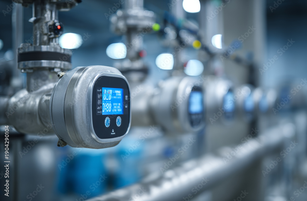 Fototapeta premium Stainless steel pipes and digital meters in industrial piping system with blue backlit displays