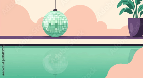 A mint green disco ball hangs over a reflective surface near a potted plant