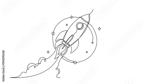 Rocket spacecraft continuous line minimalist space journey vector illustration