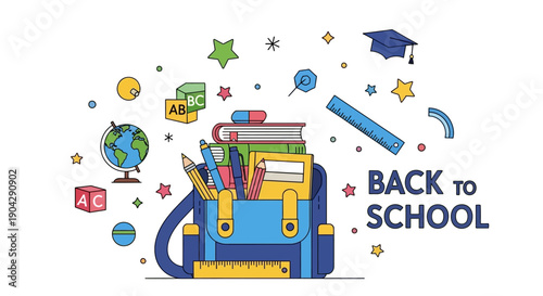 Colorful illustration of a school backpack with books and stationery surrounded by educational icons and 'BACK TO SCHOOL' text on a white background.