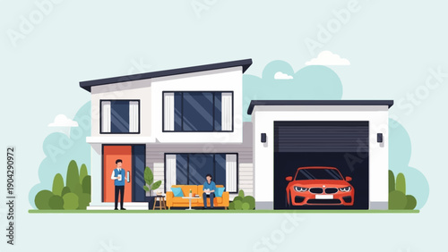A modern house with attached garage, featuring two people and a red sports car