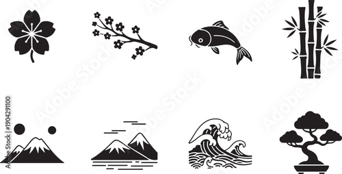 A collection of traditional japanese symbols and nature imagery