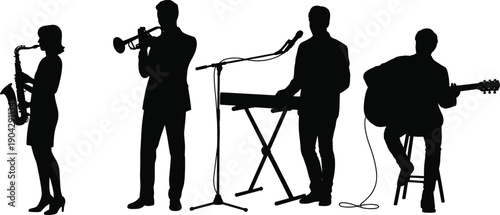 Black silhouette illustration of four musicians performing with saxophone, guitar, and vocals, dynamic live music ensemble, artistic design perfect for concerts, festivals, and creative projects.