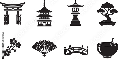 A collection of black and white icons representing various aspects of japanese culture.