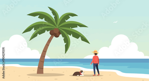 A person and their dog relax on a sandy beach under a palm tree