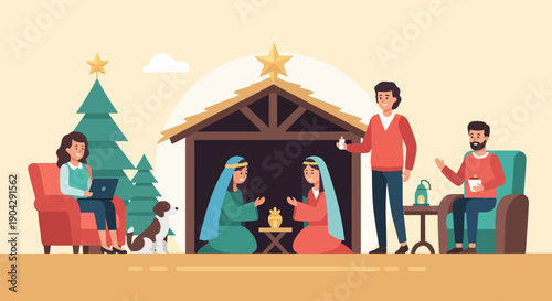 A modern nativity scene with people and a dog in a cozy setting